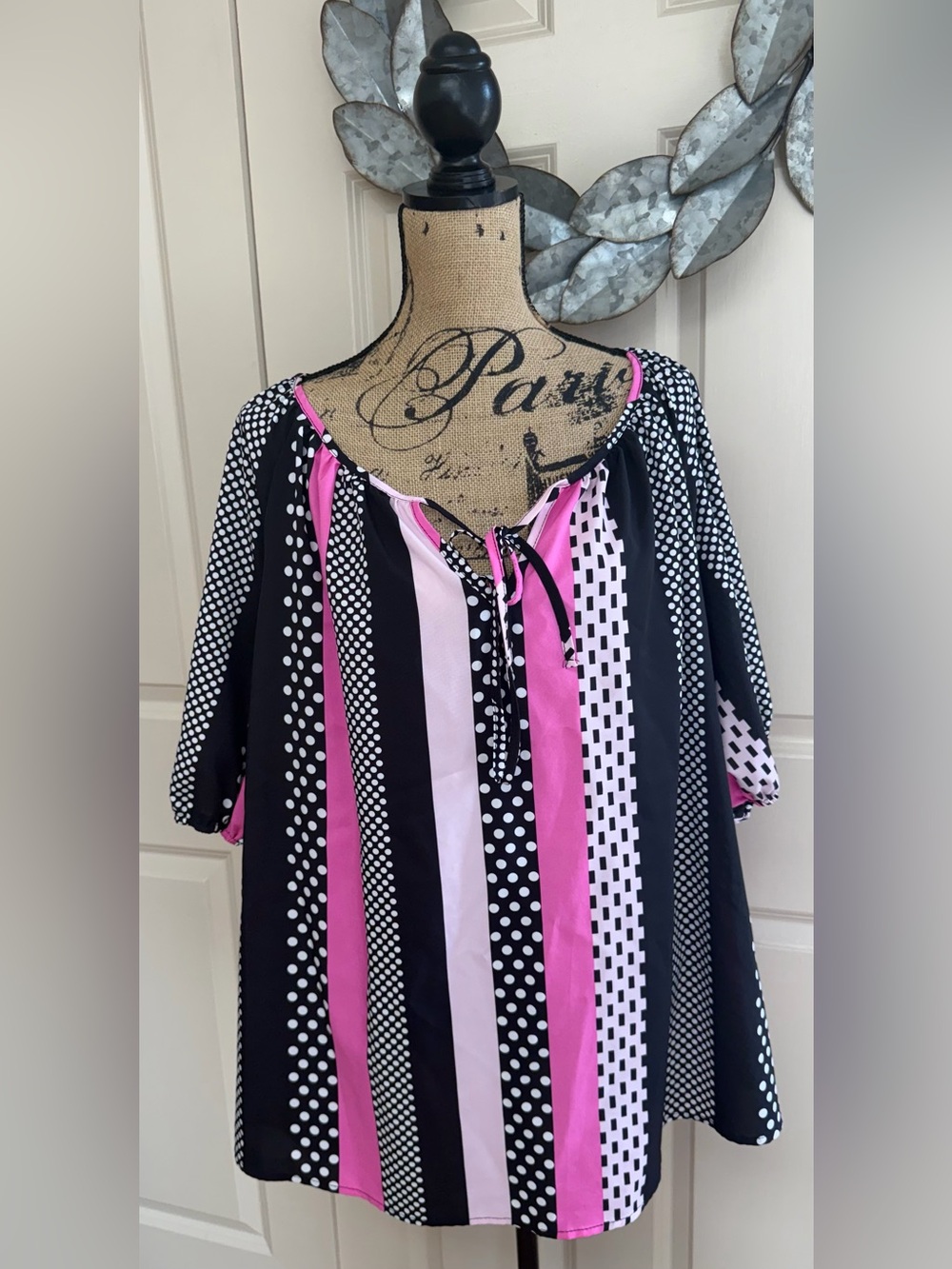 225: SHEIN Black and Pink Mixed-Print Peasant Blouse - 5X